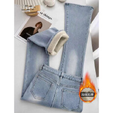 批发浅蓝色加绒加厚高腰微喇叭<b class='q'>牛仔裤</b>女秋冬新款显瘦百搭复古马蹄长裤