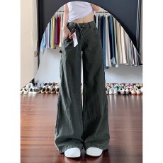 批发美式复古军绿色工<b class='q'>装</b><b class='q'>裤</b>弯刀牛仔<b class='q'>裤</b>女春季<b class='q'>新款</b>高腰设计感直筒阔腿<b class='q'>裤</b>