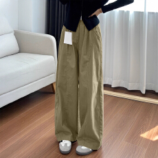 批发复古卡其色休闲阔腿裤女春季新款宽松显瘦<b class='q'>松紧</b>腰设计感美式弯刀裤