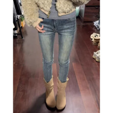 批发<b class='q'>韩版</b>辣妹复古深色小脚<b class='q'>牛仔裤</b>配靴子铅笔紧身裤高腰修身弹力九分裤