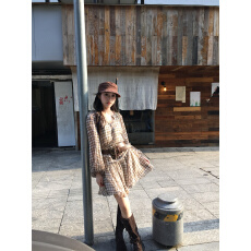 批发实拍实价  新款韩系格纹环包收腰设计长袖系带领<b class='q'>连衣裙</b>