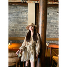 批发实拍实价  新款新中式碎花显白V领<b class='q'>灯笼</b>袖中长宽松<b class='q'>连衣裙</b>