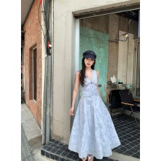 批发实拍实价  新款重工雾蓝岛屿仿绣花镂空印花蕾丝拼接收腰<b class='q'>连衣裙</b>