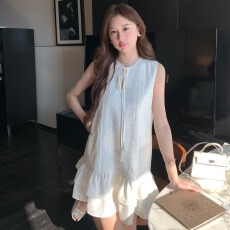 批发天丝醋酸混纺法式荷叶边系带宽松遮肉无袖<b class='q'>娃娃衫</b><b class='q'>连衣裙</b>女