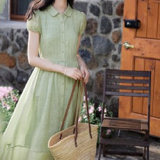 批发法式苎麻娃娃领衬衫<b class='q'>连衣裙</b>夏季新款泡泡袖显瘦收腰长裙