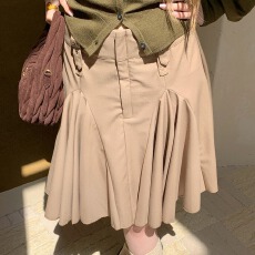 批发《日暮巴塞尔》卡其色百褶半身裙女新款高腰a字显瘦遮胯长裙子