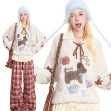 批发卡通小狗<b class='q'>日系</b>套头毛衣女款减龄慵懒内搭宽松POLO领针织衫