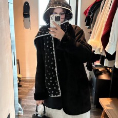 批发Minjiena<b class='q'>韩国</b>23秋黑色笑脸新品围巾帽子一体可爱百搭保暖<b class='q'>蕾丝</b>设计