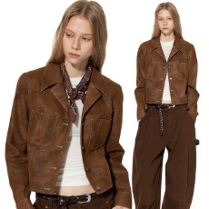 批发黑洞 秋冬季新款短款复古小<b class='q'>皮衣</b>外套女棕色环保麂皮夹克