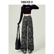 批发美式高街工装迷彩<b class='q'>牛仔裤</b>女灰色高腰宽松<b class='q'>显瘦</b>阔腿拖地裤