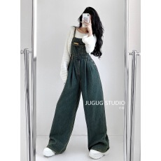 批发JUGUG美式复古蓝<b class='q'>牛仔</b><b class='q'>背带裤</b><b class='q'>女</b>百搭宽松显瘦经典拖地裤工装长裤春