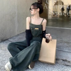 批发kgai韩版复古慵懒风夏季小众设计感吊带<b class='q'>牛仔</b><b class='q'>背带裤</b>ins潮牌休闲裤