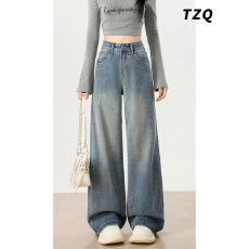 批发复古蓝烫钻阔腿牛仔裤女春季高腰宽松显瘦小个子时尚拖地直筒裤子