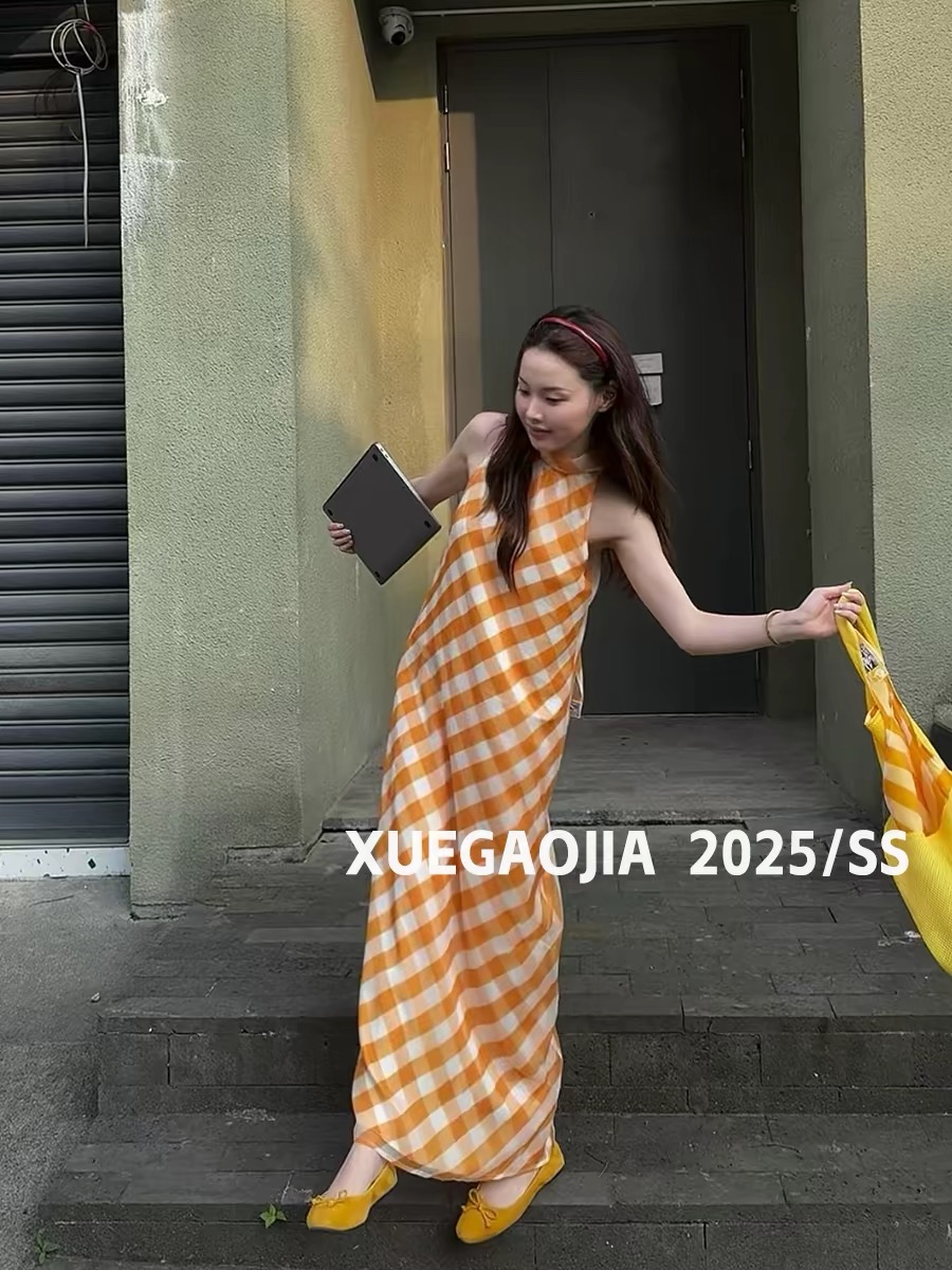 creambaby studio 주황색 체크무늬 리본 행침 목 오프숄더 드레스 롱 스커트 여성 디자인 센스 작은 대중