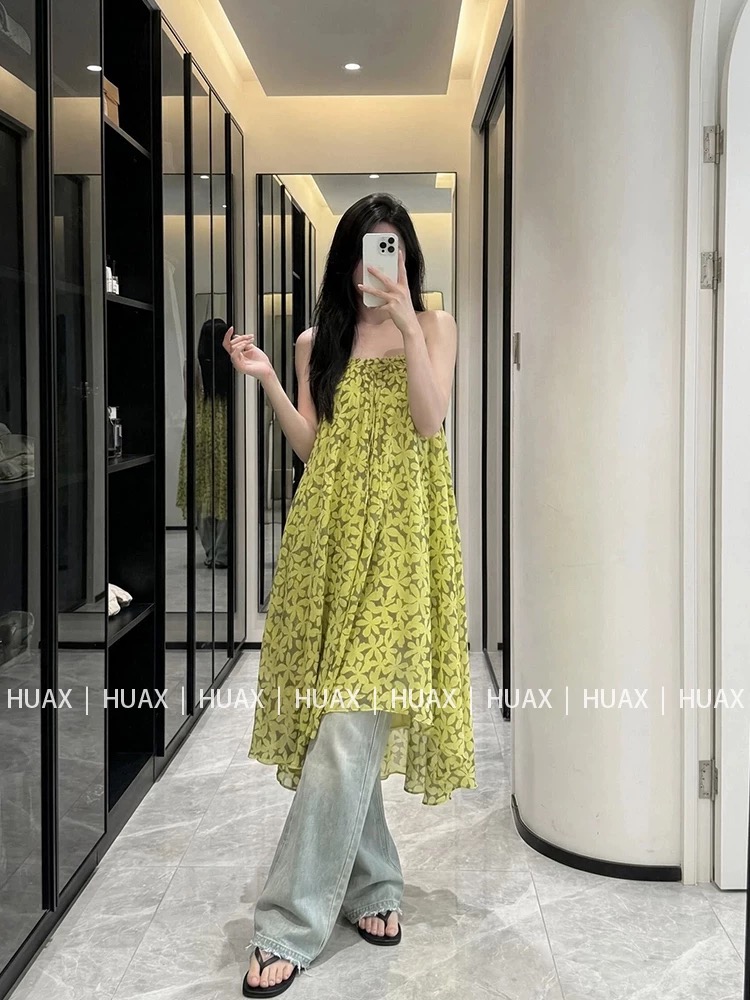 huax 휴가 바람 옐로우 바닥 꽃무늬 튜브탑 여성 드레스 여름 품격 루즈핏 슬림해 보이는 중간 길이 빅 플레어 스커트
