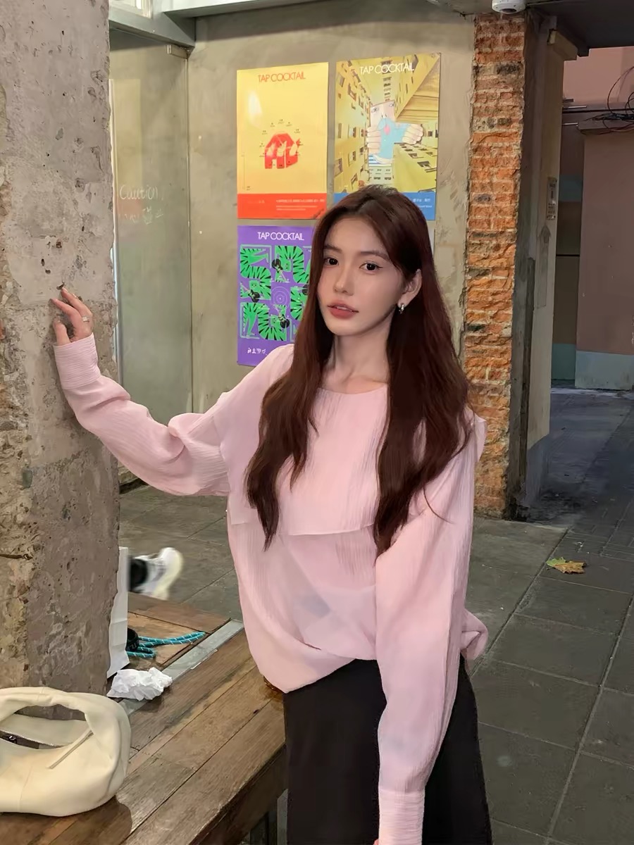 halo luu 핑크색 쉬폰 여성 셔츠 봄 여름 새로운 불규칙 맨위 루즈핏 캐주얼 프릴 칼라 셔츠