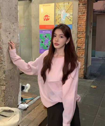 halo luu 핑크색 쉬폰 여성 셔츠 봄 여름 새로운 불규칙 맨위 루즈핏 캐주얼 프릴 칼라 셔츠