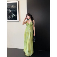批发现有货夏季小众晕染连衣裙女绿色收腰吊带裙度假高级印花飘逸长裙