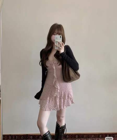 hollister 정통 26 년 봄 샤오홍 예약하기 같은 단락 보 주님 같은 단락 분말 색상 레이스 연꽃 잎 드레스