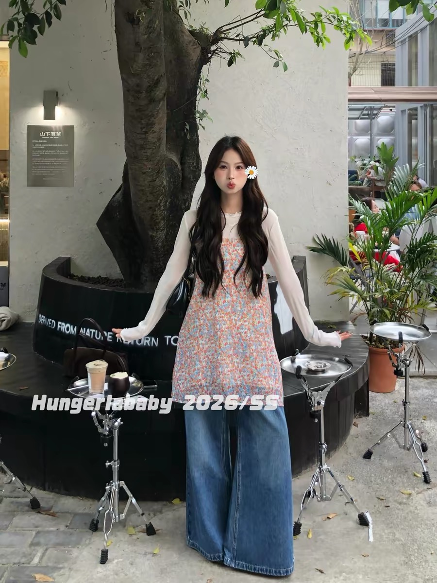 hungerlababy 26ss 한 부서 캐주얼 레트로 스택 착용 꽃무늬 조끼 슬립 여성 드레스 작은 키
