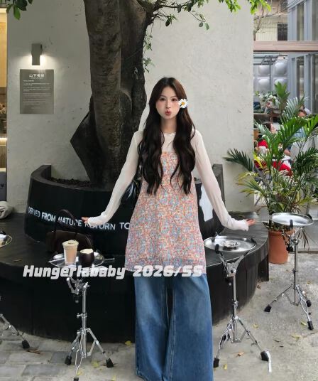 hungerlababy 26ss 한 부서 캐주얼 레트로 스택 착용 꽃무늬 조끼 슬립 여성 드레스 작은 키