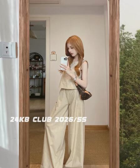 24kb club 고급 센스 한 부서 품격 민소매 조끼 맨위 여성 여름 코디 캐주얼 넓은 다리 길이 바지 세트
