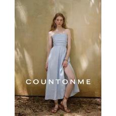批发COUNTONME 法式浪漫/全<b class='q'>亚麻</b>度假风褶皱抹胸连衣裙显瘦开衩<b class='q'>长裙</b>