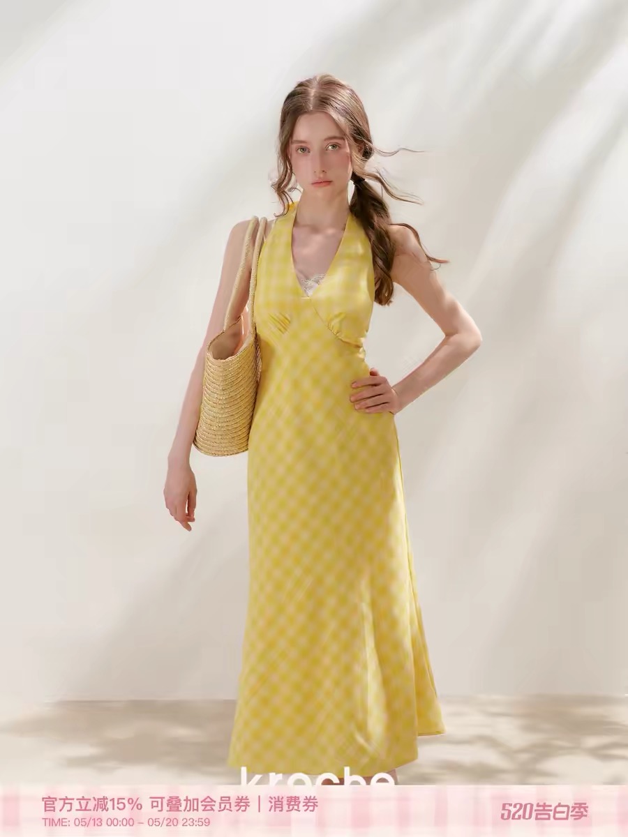 kroche 26ss staycation 나비 매듭 스트랩 체크무늬 행침 목 V넥 프랑스식 휴가 드레스
