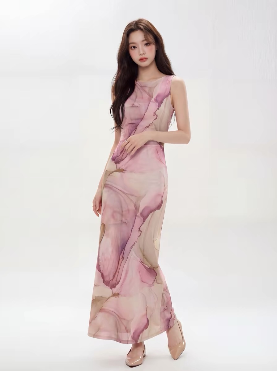 소중한 이웃 바로 그거죠 하트 비트 핑크색 라운드 넥 프린트 민소매 조끼 원피스 롱 스커트 여성 여름 디자인 센스 작은 대중