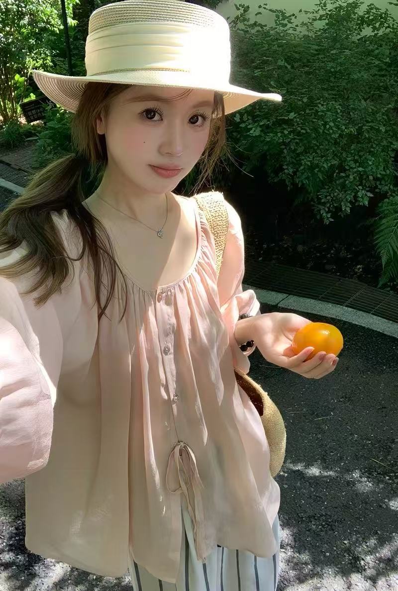 im ~까지 윌 호흡 ~ 중 자외선 차단 라미 주간 실크 9 포인트 벌룬 소매 셔츠 맨위 여성 양면 착용 자외선 차단 작은 셔츠