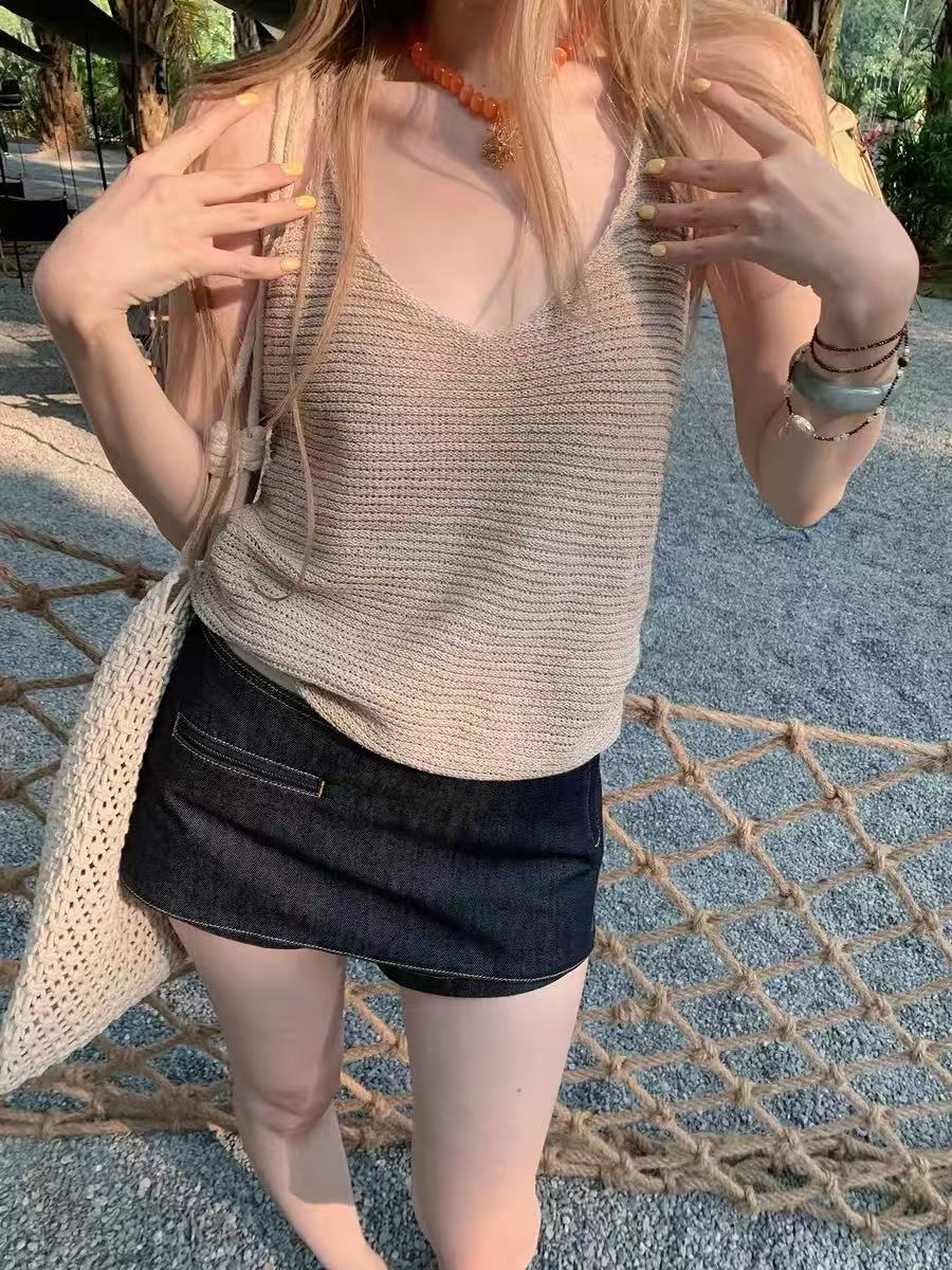 9c 시 영화 일상 다용도 루즈핏 미니멀리즘 섹션 여름 짜임 u 칼라 민소매 캐미솔 맨위