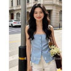 批发X Rose 名媛轻奢高级感蓝色<b class='q'>西服</b>马甲背心小众露肩方领纽扣上衣<b class='q'>女</b>