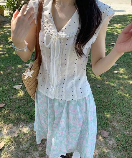 바나나 이륙하다 잃어버린 직접 만든 도트 무늬 해군 칼라 민소매 셔츠 일본식 달콤함 레이스 나비 매듭 소녀 반팔
