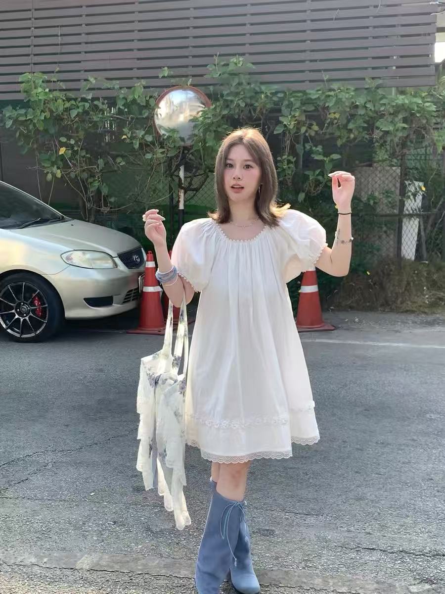 jc 고대 복장 스토어 전갈 달빛 흰색 화이트 프랑스식 레이스 진주 여성 드레스 봄 루즈핏 한 마디 중간 길이 스커트