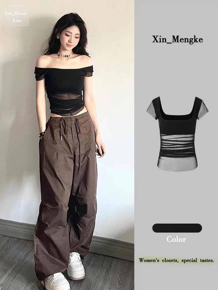 지금 재고 있음 검정색 섹시함 핫걸 망사 패치워크 광장 칼라 반팔 티셔츠 여성 여름 슬림해 보이는 작은 대중 아니요 명중 섹션 맨위