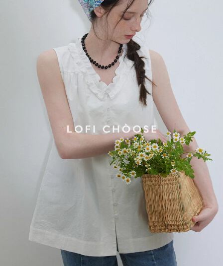 lofi choose 디자인 센스 V넥 레이스 순면 민소매 여성 셔츠 여름 새로운 고급 센스 루즈핏 맨위