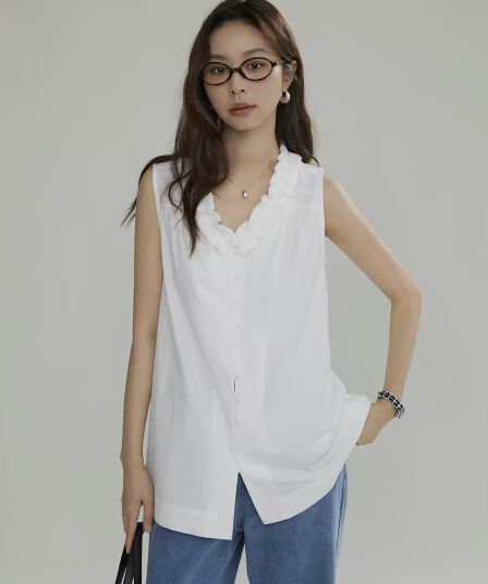joli choosev 칼라 레이스 순면 민소매 여성 셔츠 여름 새로운 디자인 센스 고급 센스 루즈핏 맨위