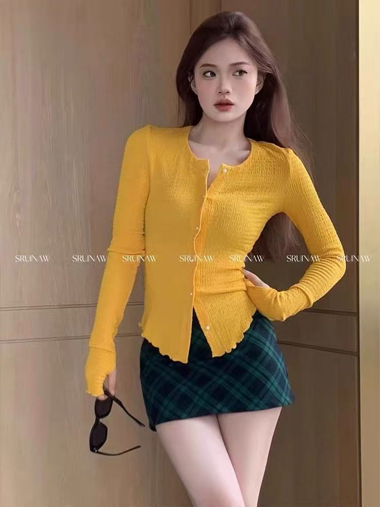 sruinaw 버블 푸 황색 긴팔 오픈 가디건 봄 여름 달콤한 매운맛 ins 바람 슬림해 보이는 꼬집기 허리 자외선 차단 몸매 가꾸기 니트 재킷