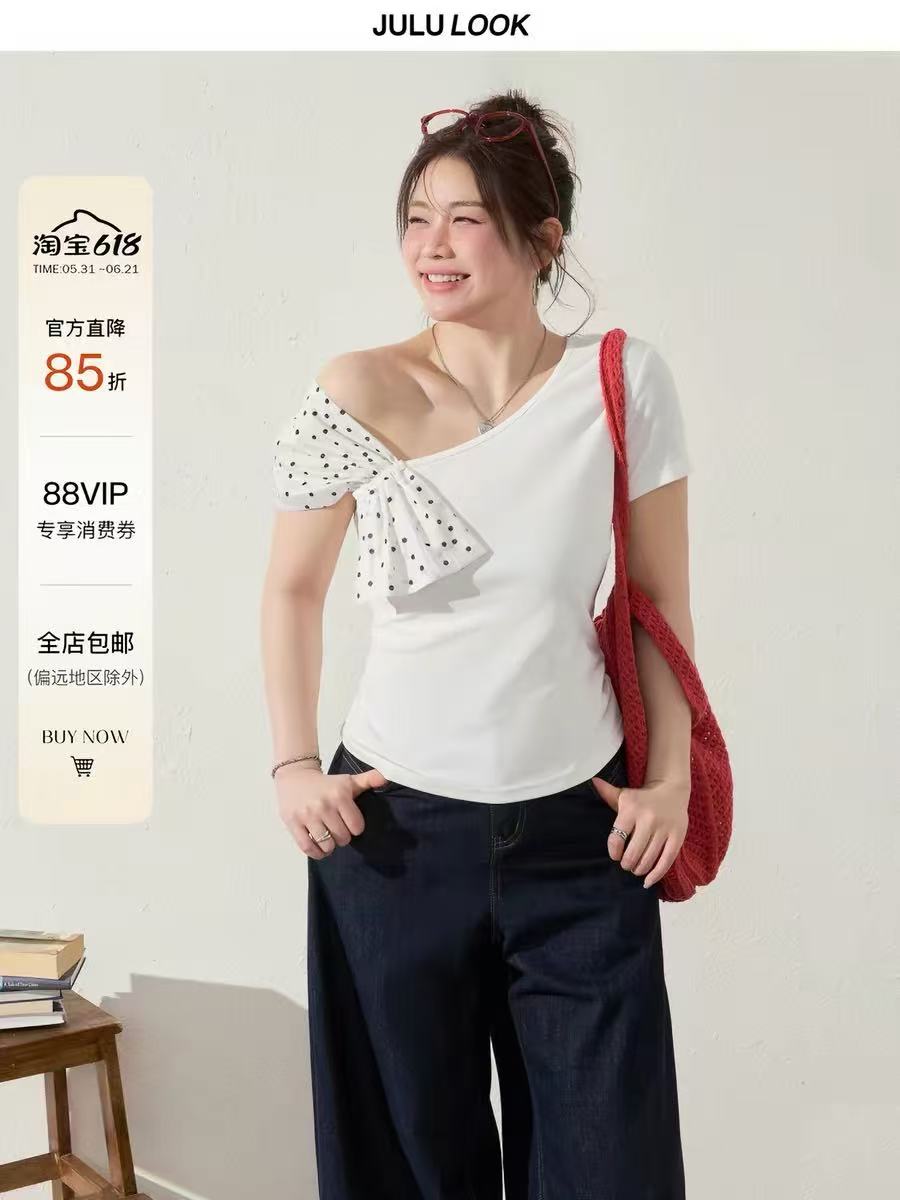 줄루어 스튜디오 달콤한 아니요 기름진 마이크로 지방 mm 몸매 가꾸기 디자인 센스 나비 매듭 비스듬한 어깨 반팔 t 빅 사이즈 맨위