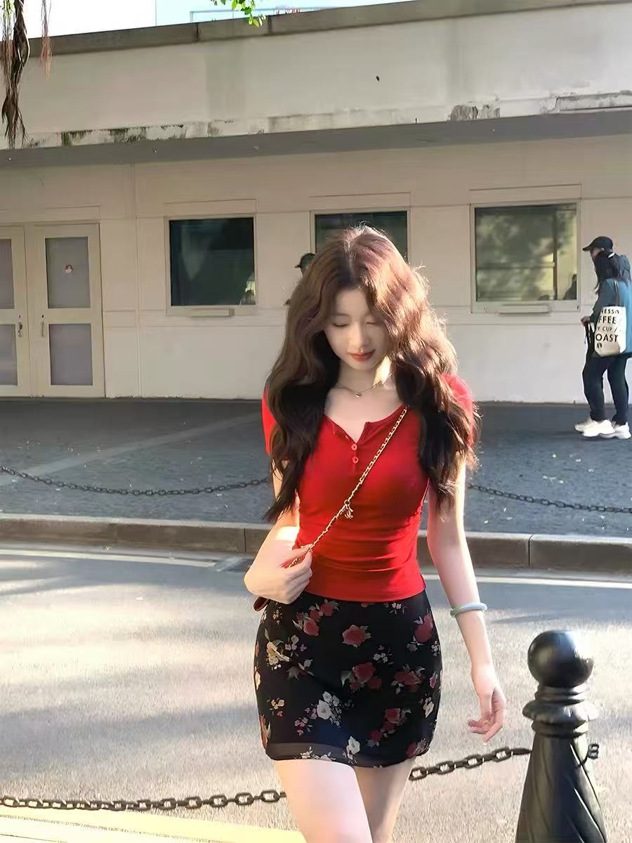 새로운 중식 국풍 eia 하나 야오 한여름 장미 한 부서 꽃무늬 반신 스커트 여성 봄 여름 슬림해 보이는 하이웨이스트 치마