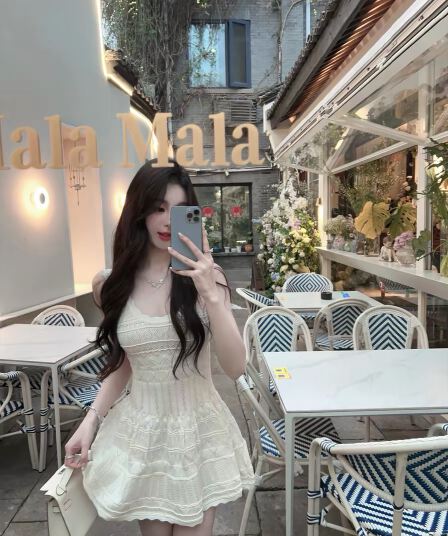 fairyjiang 여름 새로운 화이트 민소매 얼음 실크 니트 조끼 원피스 허리 수축 한 마디 슬립 미니 스커트