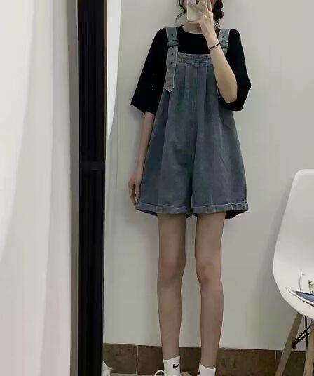 달콤함 데님 멜빵 바지 여성 작은 키 여름 2026 년 새로운 하이웨이스트 연령 감소 외국 가스 넓은 다리가 짧다. 바지 트렌디