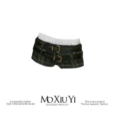 批发MoXiuYi ST【】设计辣妹格纹双皮腰带拼接修身休闲低腰短裤女