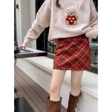 批发JAMUUS复古红色格纹毛呢短裙女秋<b class='q'>冬</b>新款学院风高腰显瘦a字半身裙