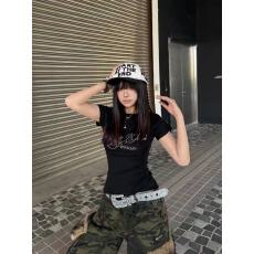 批发x不是好人 美式烫钻字母圆领修身短袖女夏季复古<b class='q'>街头</b>显瘦正肩t恤
