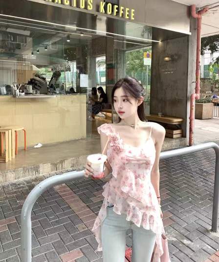 초기 꿈 pokemeng 열매 甜酒 불규칙 꽃무늬 핫걸 리본 프릴 슬립 맨위 달콤함 여름