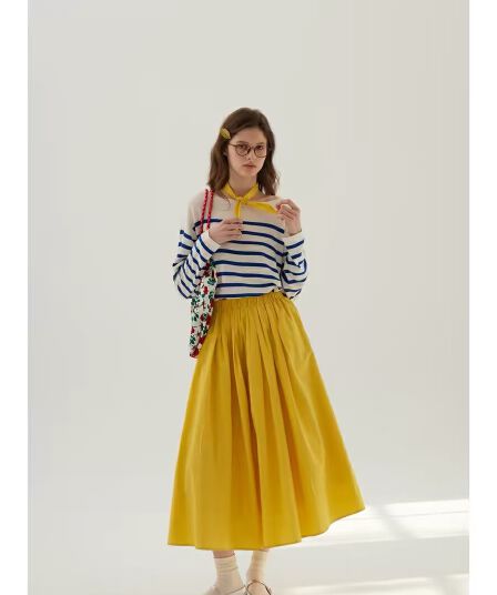sullenger 26 봄 가을 명 황색 반신 스커트 신강 길다 플러시 면 밴딩 Pleat 턱 큰 진자 우산 치마 플리츠 스커트
