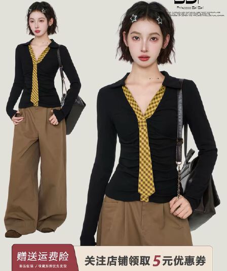 아메리칸 검정색 POLO 칼라 체크무늬 패치워크 티셔츠 여성 가을 몸매 가꾸기 쇼트 스타일 V넥 인사이드 가져 가라. 기본 셔츠 긴팔 맨위