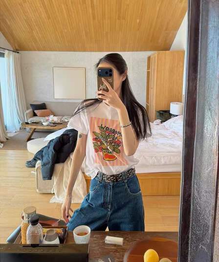 septwenty 토마토 소녀 봄 여름 낭만주의 프린트 연삭 털 반팔 티셔츠