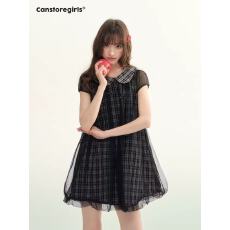 批发【<b class='q'>明星</b>同款】罐头士多所 '雾格甜序少女风格纹网纱娃娃衫<b class='q'>连衣裙</b>